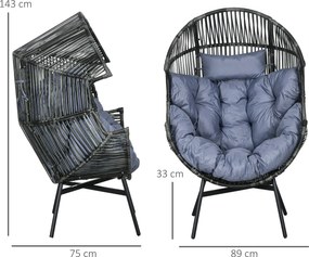 Outsunny Fotel Ogrodowy z Rattanu, Siedzisko Rattanowe, PE-Rattan, 89 cm x 75 cm x 143 cm, Szary+Czarny