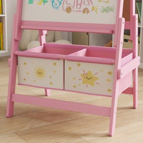 AIYAPLAY Sztaluga 3 w 1 dla dzieci z tablicą kredową, białą tablicą, rolką papieru i 2 koszami, różowa, dla dzieci w wieku 3-8 lat | Aosom PL