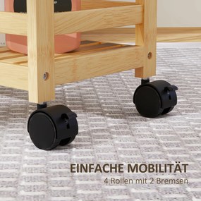 HOMCOM Wózek Serwisowy, 3 Poziomy, Półki Listwowe, Zabezpieczenie przed Wypadaniem, Bambus, 55 x 20 x 75 cm