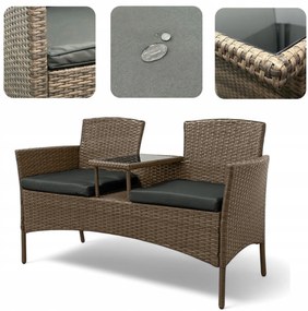 Meble ogrodowe Ratina NM-03, dwuosobowa sofa ze stolikiem, kolor jasny brąz, poduszki szare