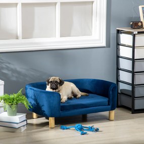 PawHut Sofa dla psa legowisko z weluru holenderskiego z oparciem, drewniane nóżki, poduszka Niebieski | Aosom PL