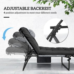 Outsunny Składany leżak ogrodowy z poduszką, leżak z 4-stopniowo regulowanym oparciem i boczną kieszenią, czarny | Aosom PL