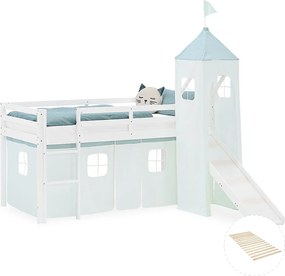 Łóżko piętrowe dla dzieci 90x200 cm białe z zasłoną w miętowym kolorze, wieża ze zjeżdżalnią i stelażem listewkowym
