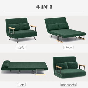 HOMCOM Sofa rozkładana 2-osobowa welurowa, funkcja spania, w zestawie 2 poduszki, welurowe wykończenie, Naturalny + Zielony