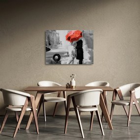 Obraz na szkle - Zakochana para pod parasolem, czerwony (70x50 cm)