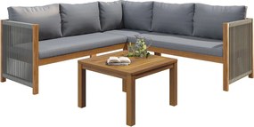 Zestaw mebli ogrodowych 5-osobowy, narożna sofa + stolik kawowy, konstrukcja z akacji, plecionka, szary