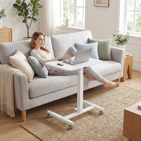 HOMCOM Regulowane Biurko Stojące, Mobilne Biurko z Regulowanym Blatem, Blokada Bezpieczeństwa, Kółka, Białe | Aosom PL