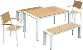 Zestaw jadalniany do ogrodu aluminiowy : stół dł. 150 cm, 2 fotele i 2 ławki - Jasny naturalny i biały - NYROS by MYLIA