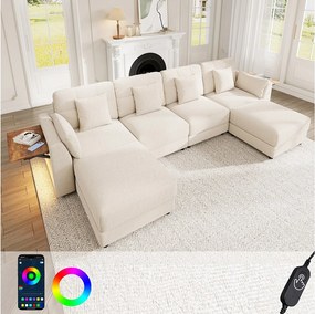 Modułowa sofa narożna 6-osobowa z 2 wyjmowanymi pufami, oświetleniem LED i składanym stolikiem bocznym - Chenille - 292 x 135 x 82 cm - Beżowa