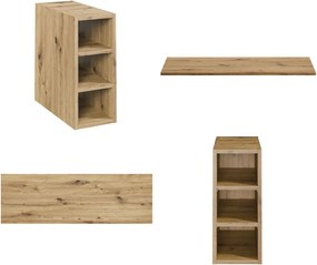 Trzydrzwiowa szafka łazienkowa Bella 140 cm z regałem i blatem, kaszmir/dąb artisan