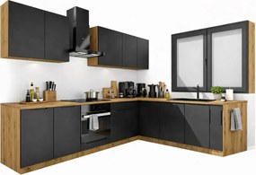 Zestaw mebli kuchennych narożnych 260 cm dąb artisan + czarny F9-S42