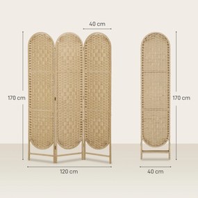 HOMCOM Parawan 3-częściowy 120x170 cm z zaokrąglonym górnym brzegiem, ręcznie tkany, składany, naturalny | Aosom PL
