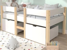 Łóżko średniej wysokości z 2 dużymi szufladami - 90 x 200 cm - drewno sosnowe - stelaż z listew - kolory: biały i dąb