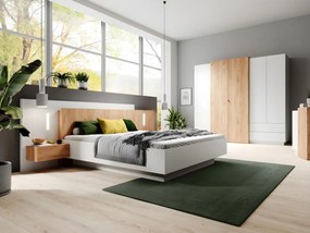 Łóżko ze skrzynią i szafkami nocnymi 160 x 200 cm - 2 szuflady - Z oświetleniem LED - Kolory: Biały i naturalny + Materac - FRANCOLI