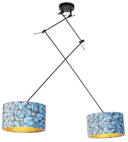Lampa wisząca czarna z abażurami z aksamitu z motylami w kolorze złotym 35 cm 2-światłowa - Blitz klasyczny/Antyczny Oswietlenie wewnetrzne