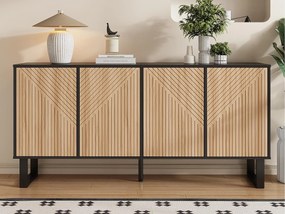 Nowoczesny bufet 160x38x75 cm - 4 drzwi - Wzór pasków 3D - Konstrukcja stalowa - Kolor naturalny i czarny