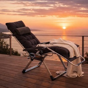 Leżak ogrodowy składany Solano TDC01 z poduszką i uchwytem na napoje, czarny