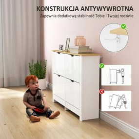 HOMCOM Wąska szafka na buty z 4 uchylnymi przegrodami, na 8–16 par butów, 105 x 26 x 80 cm, biały + naturalny | Aosom PL