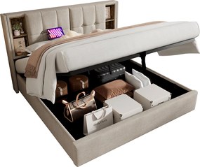 Łóżko z tapicerowanym stelażem 160x200 cm - z bezprzewodowym ładowaniem i schowkiem - tkanina lniana - Beżowy