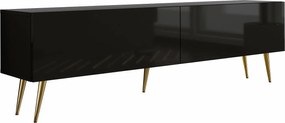 Szafka RTV: Czarna Matowa / Czarna Błyszcząca, złote nogi, 170 x 52 x 32 cm