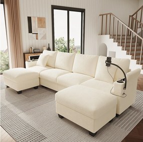 Zestaw wypoczynkowy w kształcie litery U, 4-osobowy - 275,5 x 139 x 87 cm - z podnóżkiem + portem USB + schowkiem - aksamitny - beżowy