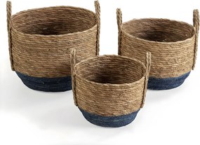 Zestaw trzech koszyków Colummn Iria z naturalnego włókna, niebieski/naturalny.