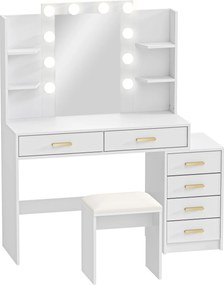 HOMCOM Toaletka z podświetlanym lustrem i tapicerowanym stołkiem, zestaw do makijażu z 6 szufladami i półkami, Biały | Aosom PL