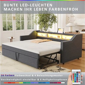 Rozkładana sofa rozkładana - 90/180 x 190 cm - z półkami do przechowywania + diody LED + USB - len + płyta MDF - ciemnoszara (z 2 materacami)