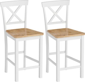 HOMCOM Zestaw 2 stołków barowych z oparciem i podnóżkiem, drewno kauczukowe, do kuchni, jadalni, baru, Dąb+Biały