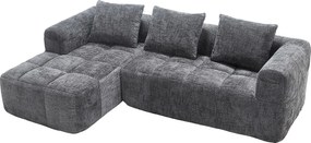 Szary narożnik - sofa 3-osobowa z kieszeniami do przechowywania i 3 poduszkami - szenil - z szezlongiem i podłokietnikami