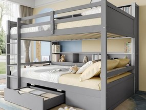 Łóżko piętrowe dla dzieci 2x90x200cm - z szufladą i przegródkami - Szare