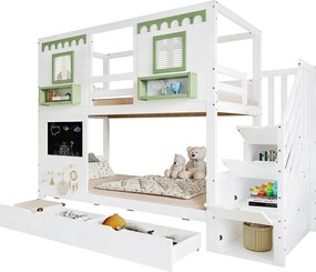 Łóżko piętrowe dla dzieci - 2 x 90 x 200 cm - z 2 szufladami + drabinką - sosna + MDF - biało-zielone
