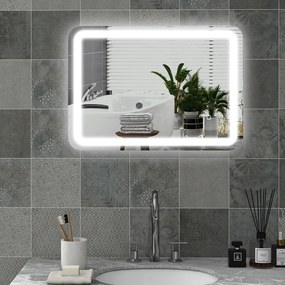 HOMCOM Lustro łazienkowe z oświetleniem LED, kontrola dotykowa, przeciwmgielne, z możliwością ściemniania, 3 kolory światła, 50x70, Srebrny