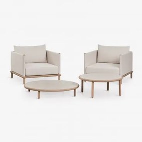 Zestaw Ogrodowy Z 2 Fotelami I 2 Okrągłymi Stolikami Kawowymi Z Drewna Akacjowego Olivia Gardenia Biel & Jasny Akacjowy Brąz - Sklum