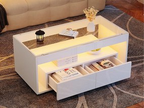 Błyszczący stolik kawowy 100x50x40 cm - z 2 szufladami - z oświetleniem LED - Blat szklany - Biały
