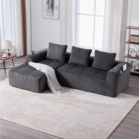 Sofa modułowa 4-osobowa - 253 x 158 x 61 cm - z kieszenią boczną + uchwyt na kubek + 3 poduszki - aksamit - ciemnoszary