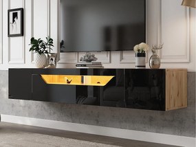 Szafka RTV 180x37x36cm - z 2 drzwiami - z oświetleniem LED - do telewizorów 75" - czarna i naturalna