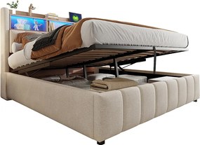 Łóżko z pojemnikiem i tapicerowanym zagłówkiem 180x200 cm - z oświetleniem LED + portem USB - Len - beżowe (bez materaca)