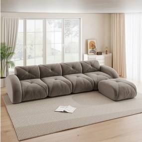 Kanapa narożna modułowa 4-osobowa z pufem z weluru, design minimalistyczny bez ramy, siedzisko głębokie i elastyczne - Brązowy