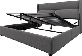 Łóżko tapicerowane ze schowkiem 180x200 cm - z regulowanym wezgłowiem - stelaż listwowy - len - szary (materac nie jest w zestawie)