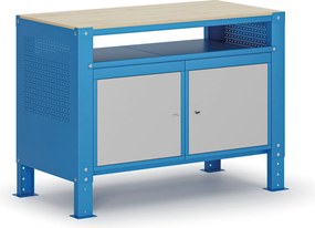 Stół warsztatowy G9, 1 półka, 2 szafki, z regulacją wysokości, 1180 x 595 x 715-975 mm, szary/niebieski