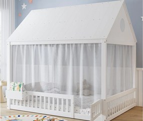 Łóżko dziecięce 140x200 cm - z dekoracyjnymi białymi zasłonami - z 1 drzwiami i przegródką do przechowywania - biały​ (bez materaca)