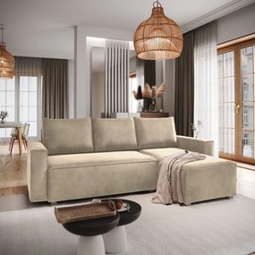 Masseno Narożnik SILES z funkcją spania i pojemnikiem na pościel Narozniki L, Rozkładana sofa - Kremowy, MONOLITH 04