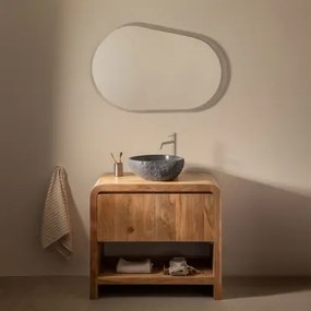 Zestaw Mebli Łazienkowych Z Drewna Vacry Akacja Brąz & Owalna Lampa Led I Przeciwmgielna 100x80 Cm Riben & Szczotkowana Szarość ↑30 Cm Z Zaworem Spust
