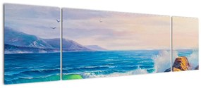 Obraz fal uderzających w klify, obraz olejny (170x50 cm)