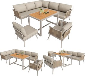 Zestaw mebli ogrodowych 7-osobowy - sofa z podłokietnikami plecionymi + stolik kawowy + fotel + poduszki - metalowy - beżowy