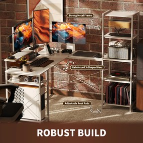 HOMCOM L-kształtne biurko narożne z zintegrowanym gniazdkiem, stojakiem na monitor i półką na przechowywanie, biały