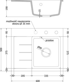 Mexen Ben zlewozmywak granitowy 1-komorowy z ociekaczem, prawy 600 x 500 mm, beżowy, syfon chrom - 6523605000-69