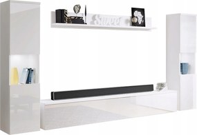 Nowoczesna meblościanka 4-elementowa do salonu z LED, 2 słupki, szafka RTV 180 cm i półka, korpus biały mat, fronty biały połysk