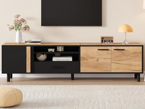 Meble TV 180x32.5x50 cm - 3 drzwi i 1 szuflada - Półotwarte przechowywanie - Płyta wiórowa - Czarny i naturalny